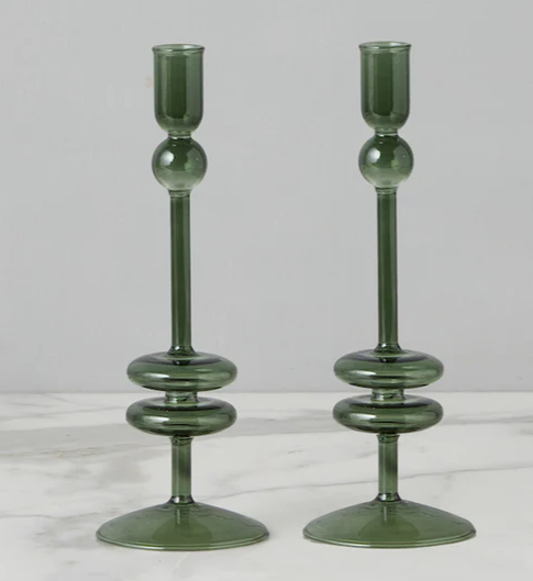 Emerald Glass Candlestick Pair, Medium