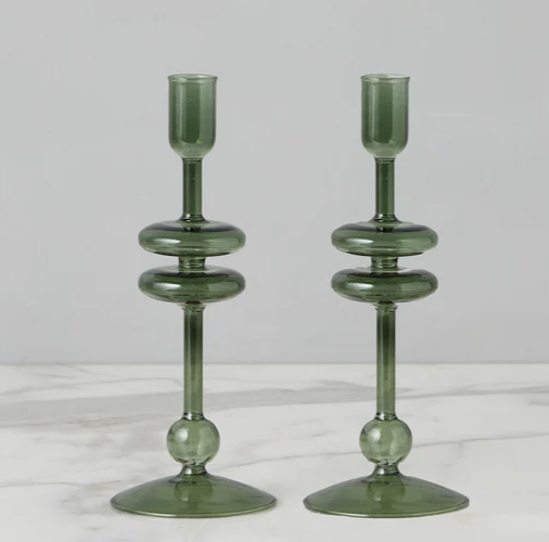 Emerald Glass Candlestick Pair, Small