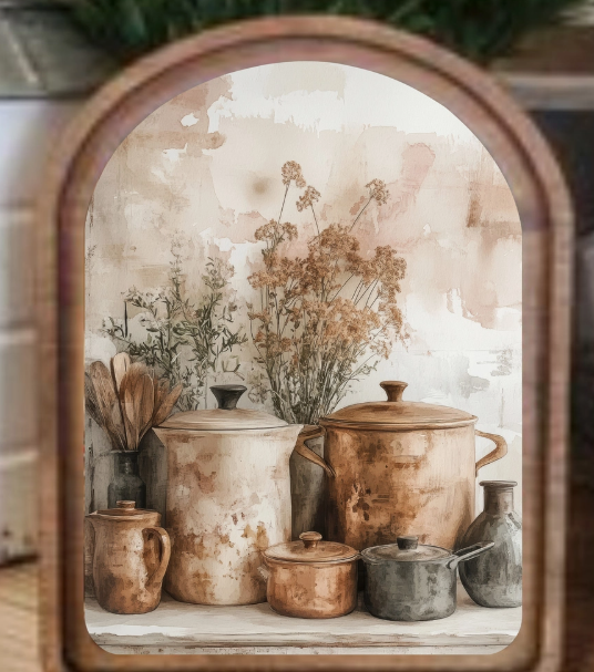 Wooden Arched Copper Pots Art