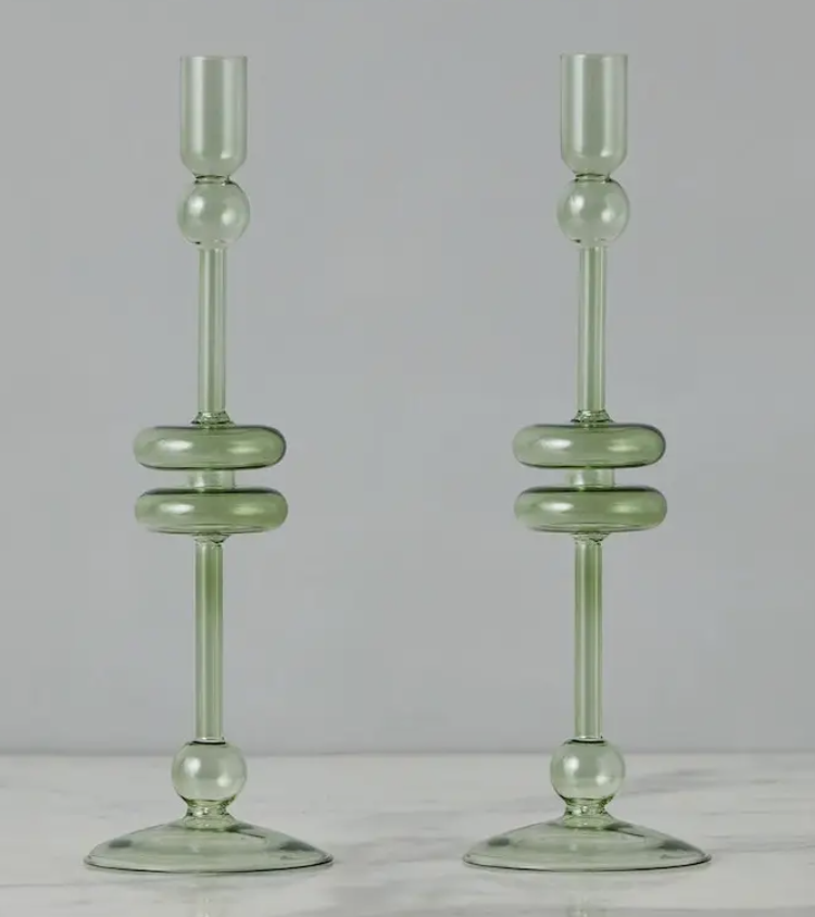 Sage Glass Candlestick Pair, Large