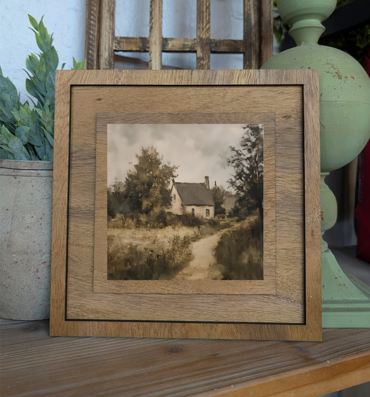 Square Framed Cottage Landscape Art