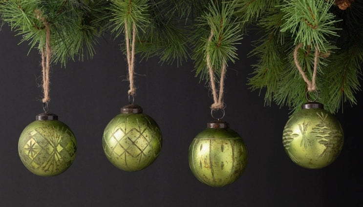 Etched Glass Ornaments - Antiqued Green