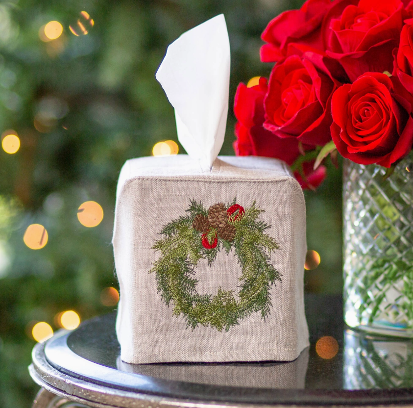 Crown Linen Designs Tissue Box Cover / Juniper Wreath