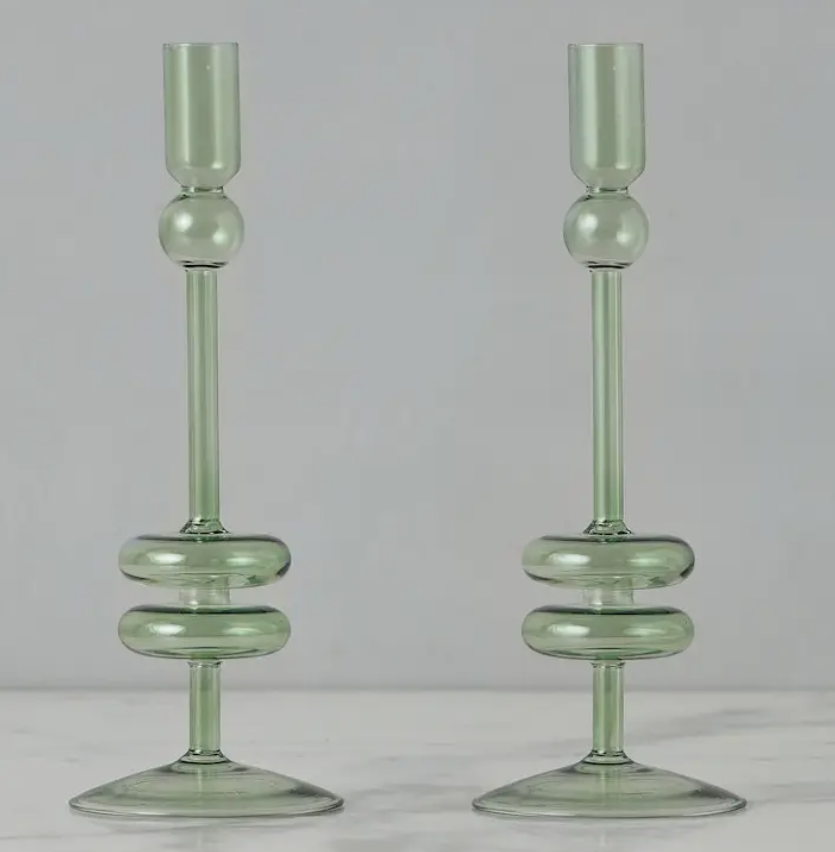 Sage Glass Candlestick Pair, Medium