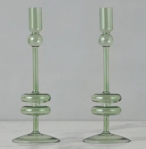 Sage Glass Candlestick Pair, Medium