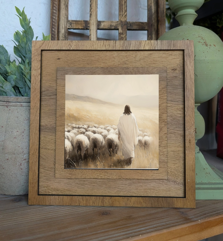 Square Framed Jesus & Sheep Art
