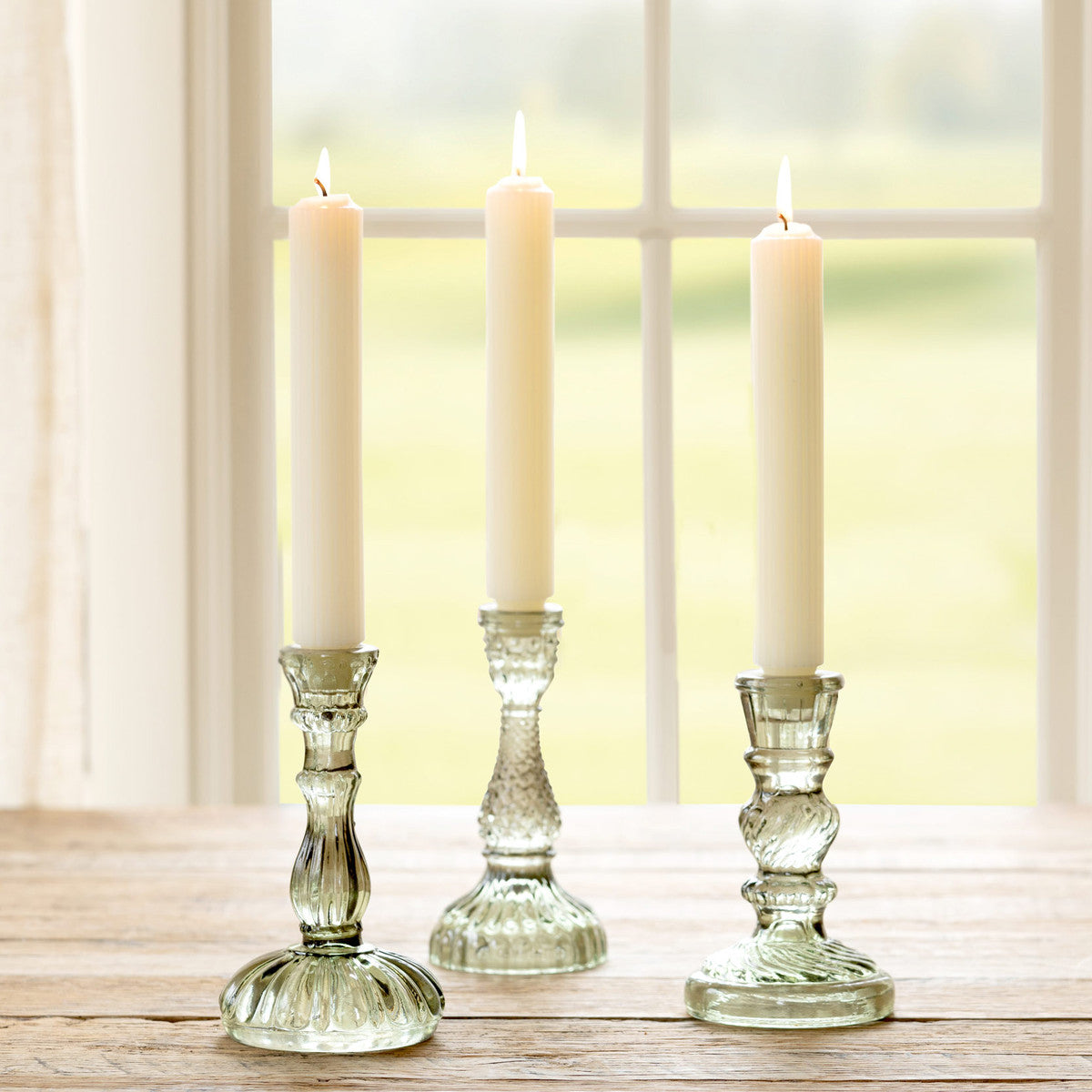 Maybelle Green Glass Taper Candle Holder Set